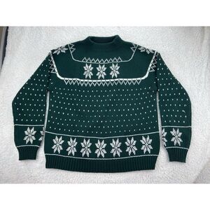 Vtg 70s JC Penney Sweater XL Green/White Snowflake Geo Ski Christmas Gift‎ RARE